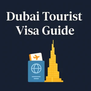 Dubai Tourist Visa Guide with passport and Burj Khalifa illustration
