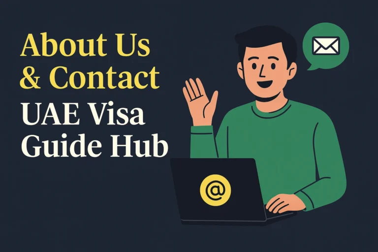 UAE Visa Guide Hub About Us and Contact page illustration showing trusted visa information support